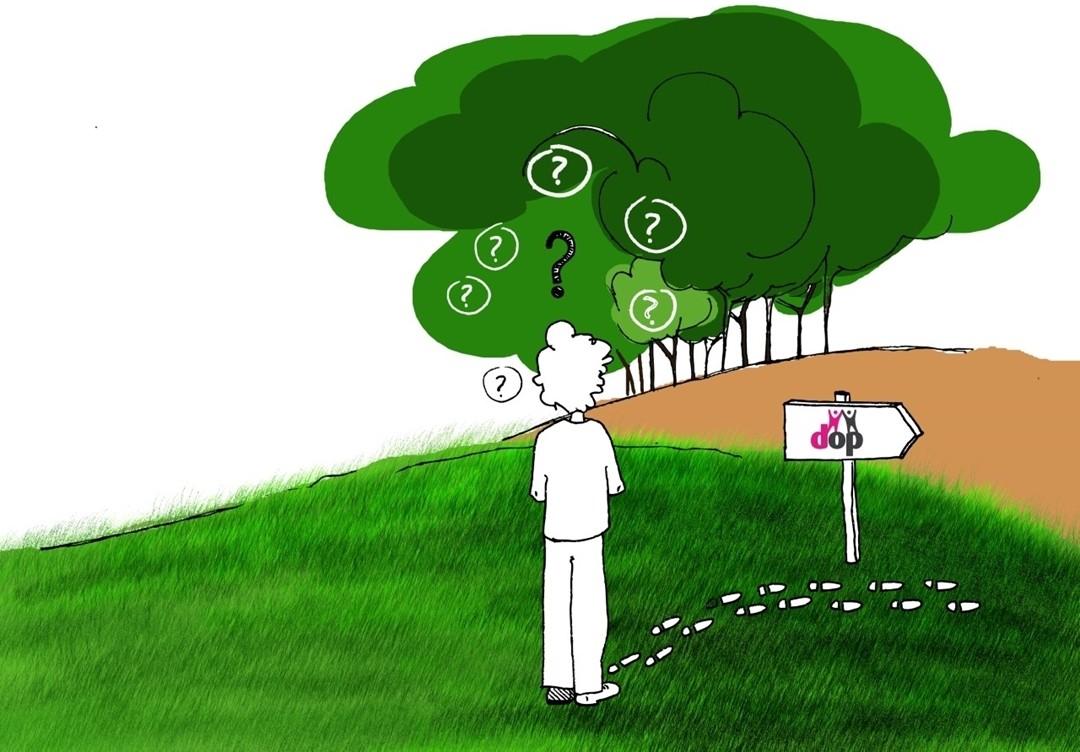 Karakter in grasveld voor bord met doppa logo en vraagtekens boven het hoof